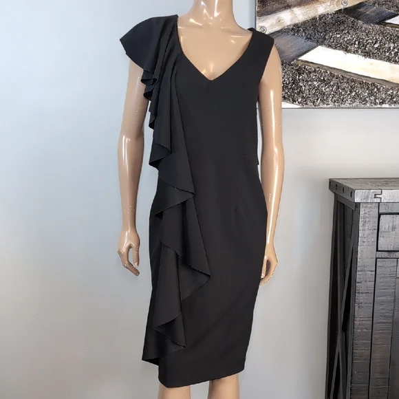 Bailey Ruffle V-Neck Sheath Dress Draped Asymmetric Black Womens Size Medium - Picture 14 of 14